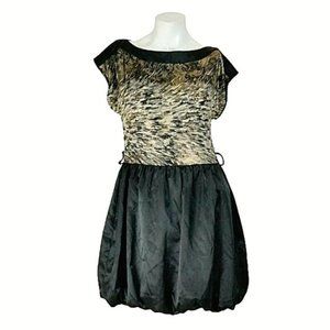 Blue Sketch Gold Metallic Black Satin Bubble Dress